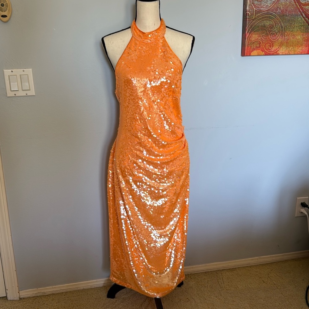 Caroline Constas Orange Sequin Halter Midi Dress